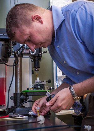 Eric Sirois '14 Ph.D., CEO of startup company Dura Biotech, which has developed a novel heart valve replacement. (Christopher LaRosa/UConn Photo)