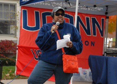 Mo Cotton Kelly emceeing the inaugural 5K Run/Walk at Huskies Forever Weekend on Oct. 26, 2014, in Storrs. (Photo/Julia Chianelli) 