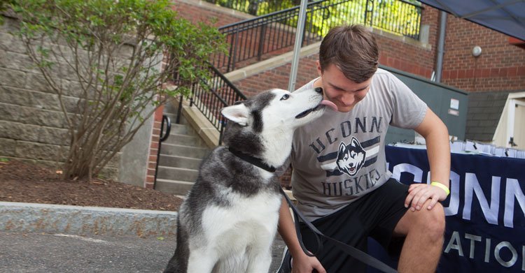 photo of a uconn student being licked by jonathan the husky